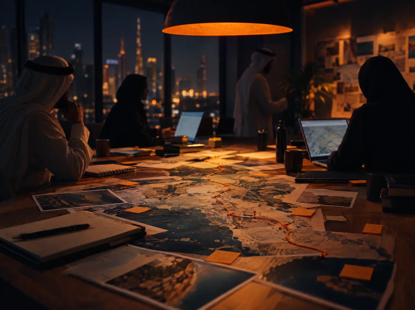جلسة تخطيط حول طاولة عليها خرائط وملاحظات تحت ضوء دافئ